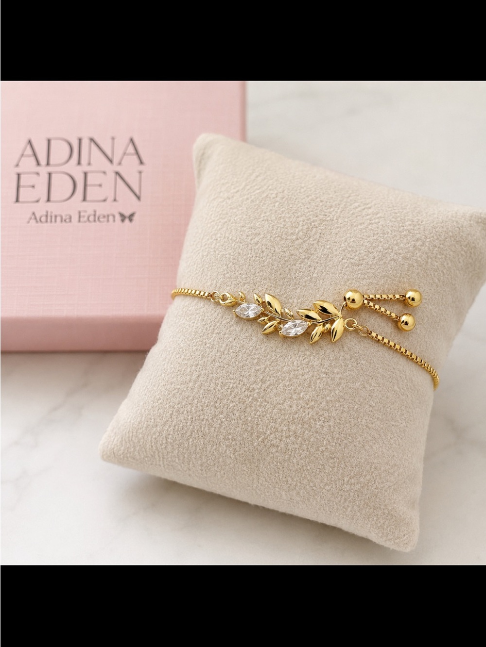 Adina Eden Gold Tone Adjustable CZ Bracelet in a Beautiful Leaf Pattern NEW